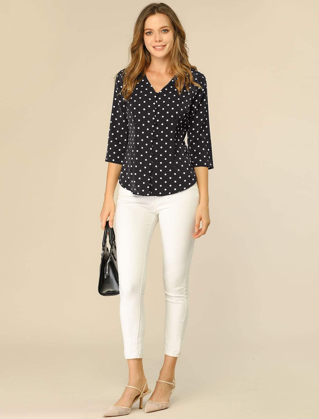 Allegra K Women's Vintage Polka Dots 3/4 Sleeve Button Front V Neck Casual Office Blouse Top - Image 2
