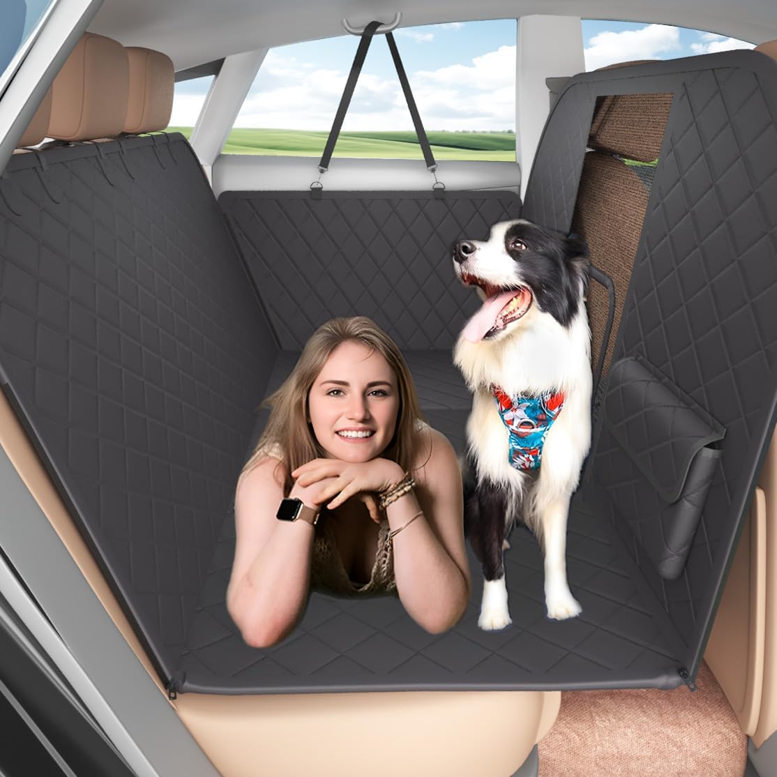 Back Seat Extender for Dogs with Escape-Proof Dog Car Barrier, Upgrated Firm Frame Dog Seat Cover for Back Seat Hard Bottom Holds 400lbs, WaterproofDog Travel Bed Backseat Cover for Car&SUV Black with Full Barrier For Cars/SUV/Small Truck