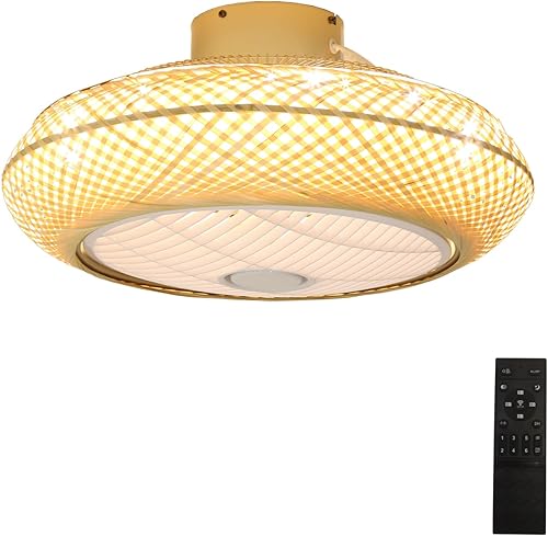 Miniatura 8 de Ayaoty Ventilador de techo bohemio de 20 pulgadas con luces de bambú tejido a mano, 3 modos de luz, ventiladores de techo empotrados, ventilador de