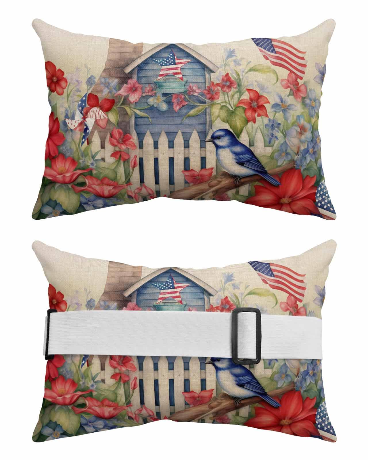 Outdoor Pillows Covers with Inserts American Flag Independence Day Star Bird Red Flower Waterproof Pillow with Adjustable Strap Throw Pillows for Patio Furniture Pool Lounge Chair, 12x20 Inch, 1PCS