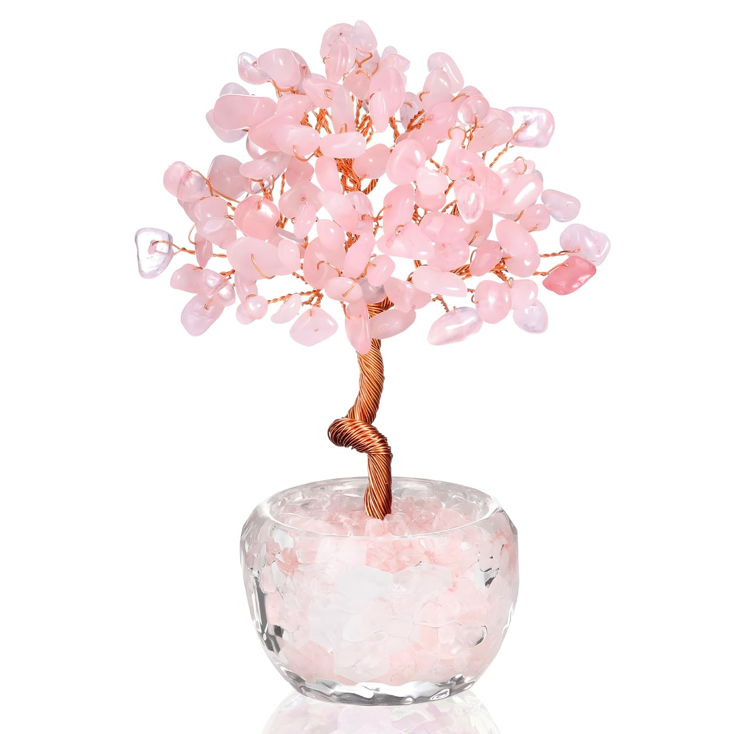 VLYX Rose Quartz Crystal Tree of Life - Handmade Pink Gemstone Money Tree for Home Office Decor, Positive Energy Gift for Women