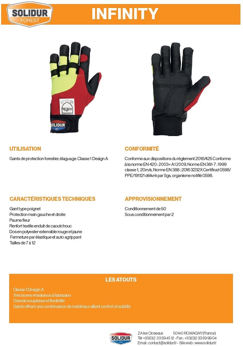 Paire de gants anti-coupure 2 mains pour tronçonneuse Infinity taille 10