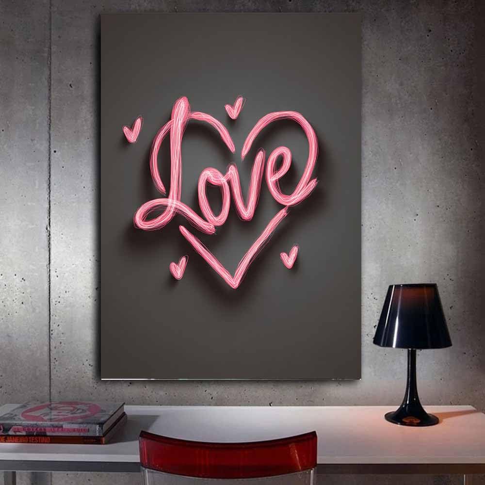 HUYEEI Obrazy ścienne miłość, neonowe serce, sztuka, nowoczesny, minimalistyczny mural, do sypialni, salonu, korytarza, baru, biura (różowy), 60 x 80 cm, oprawiony