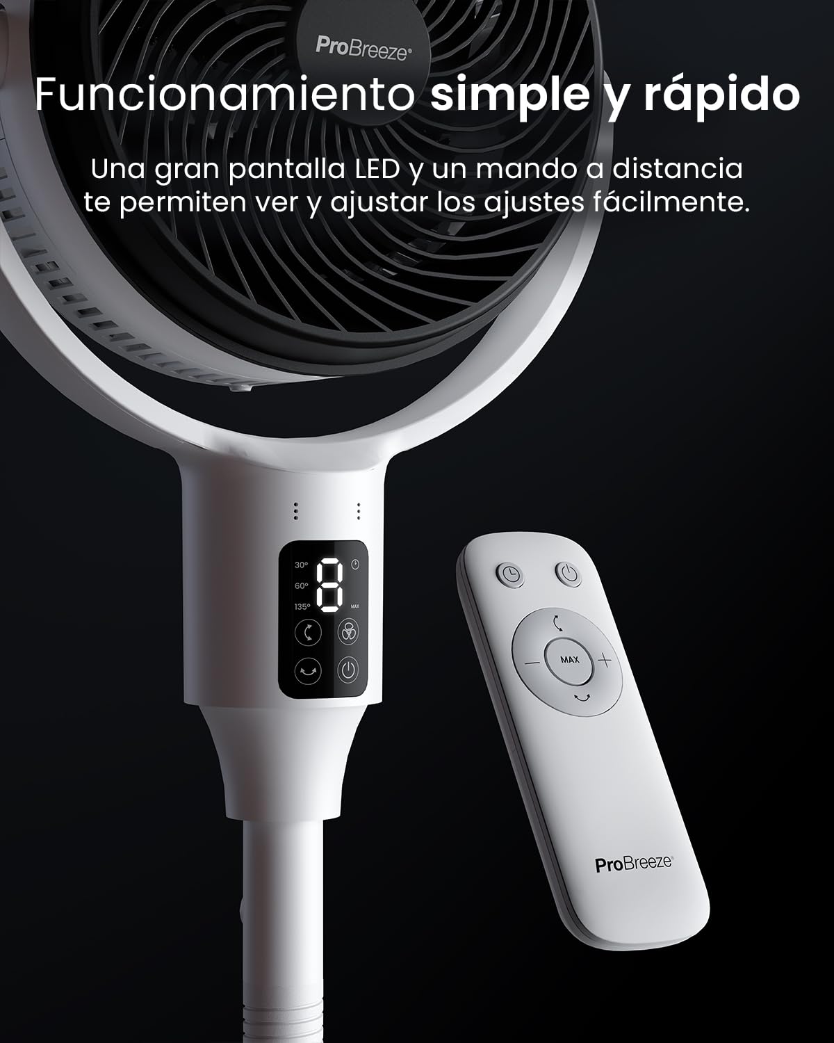 Pro Breeze AirFlo Ventilador de Pie Silencioso con altura ajustable 108-60cm, Pantalla LED, Mando a distancia, 9 Velocidades, Oscilación Vertical y Horizontal – Hogar y Oficina