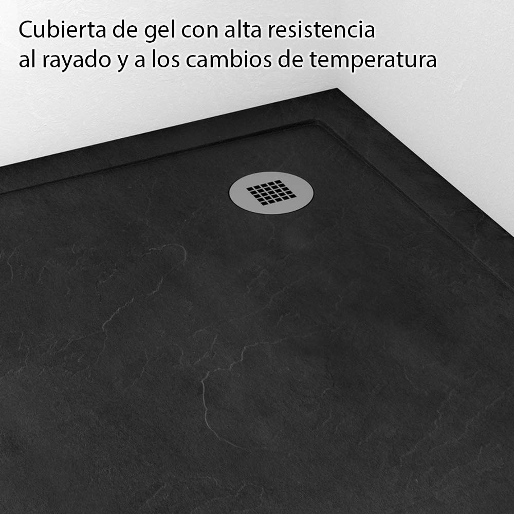 Plato Ducha Resina Semicircular Efecto Pizarra Extraplano, Resistente al Rayado, Antideslizante y Muy Agradable al Tacto. Ideal para Espacios Reducidos 80 x 80 Negro
