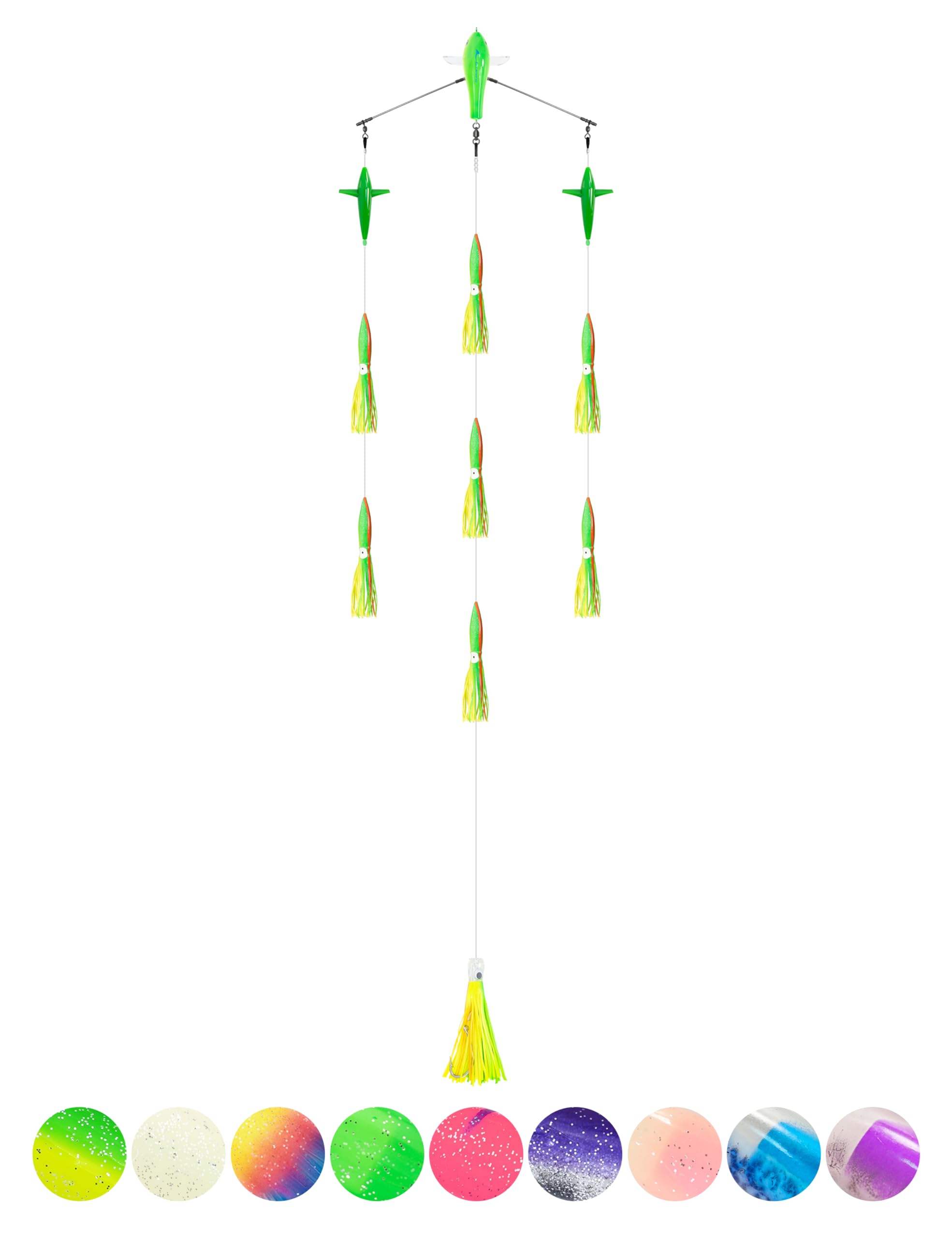 BLUEWING 18in Upgraded Fishing Spreader Bar Canyon with 9in Floating Squids, Trolling Birds, Big Game Trolling Lure and 316 Stainless Steel Rod for Wahoo Tuna Marlin Mahi Mahi, Yellow/Green โ image 1