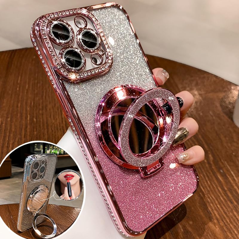 ZXDK Mirror Kickstand Glitter Diamond Case for iPhone 15 14 13 12 Pro Max,Magnetic Stand Holder,Camera Lens Protector Compatible with Magsafe,
