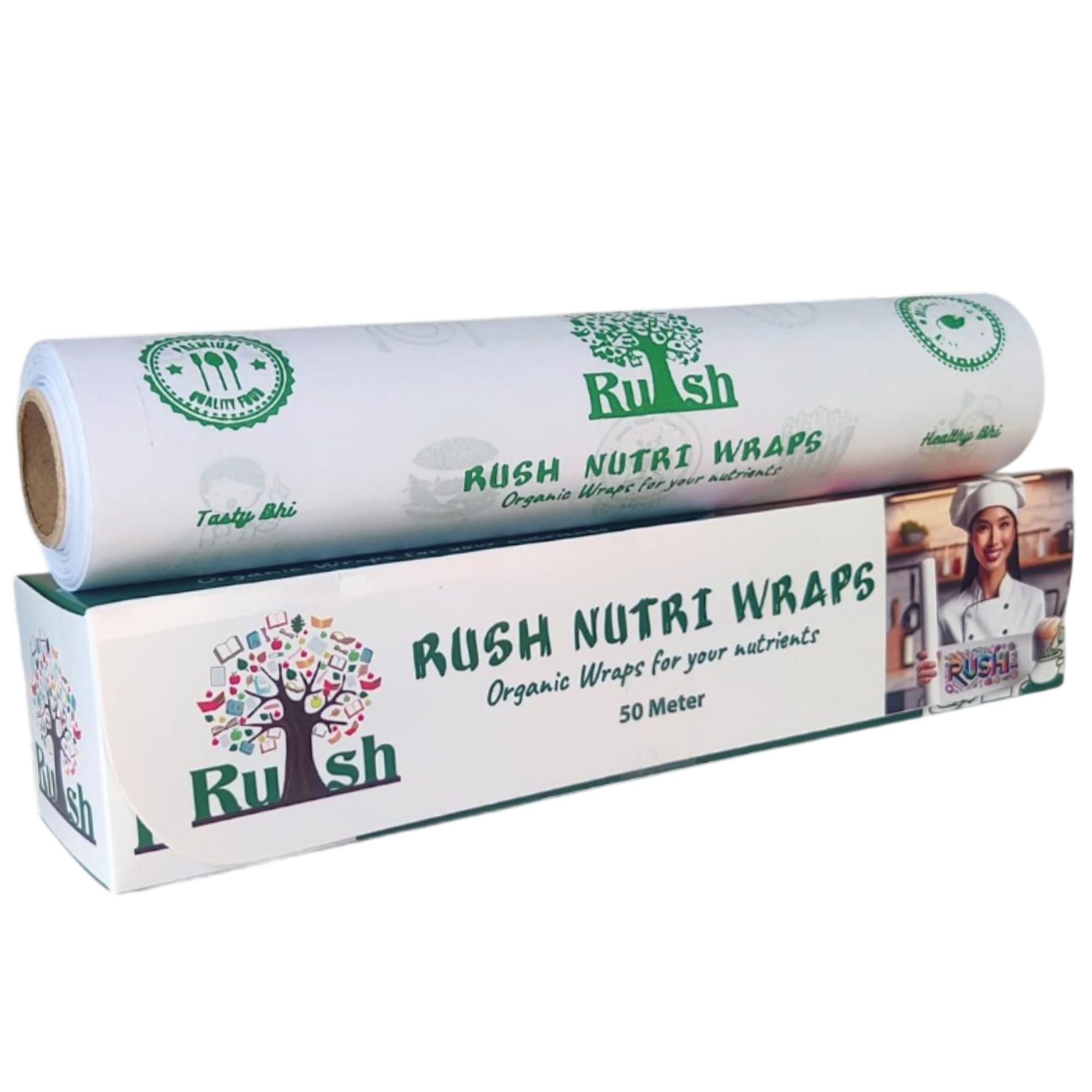 Rush Premium 50 Mtr Nutri Wrap Food Wrapping Paper Roll with Sealing Sticker, Non-Sticky Butter Paper Roll for Roti Use as Parchment Paper for baking cake, Kitchen Roll Paper or roti clothes wrap Unknown Binding