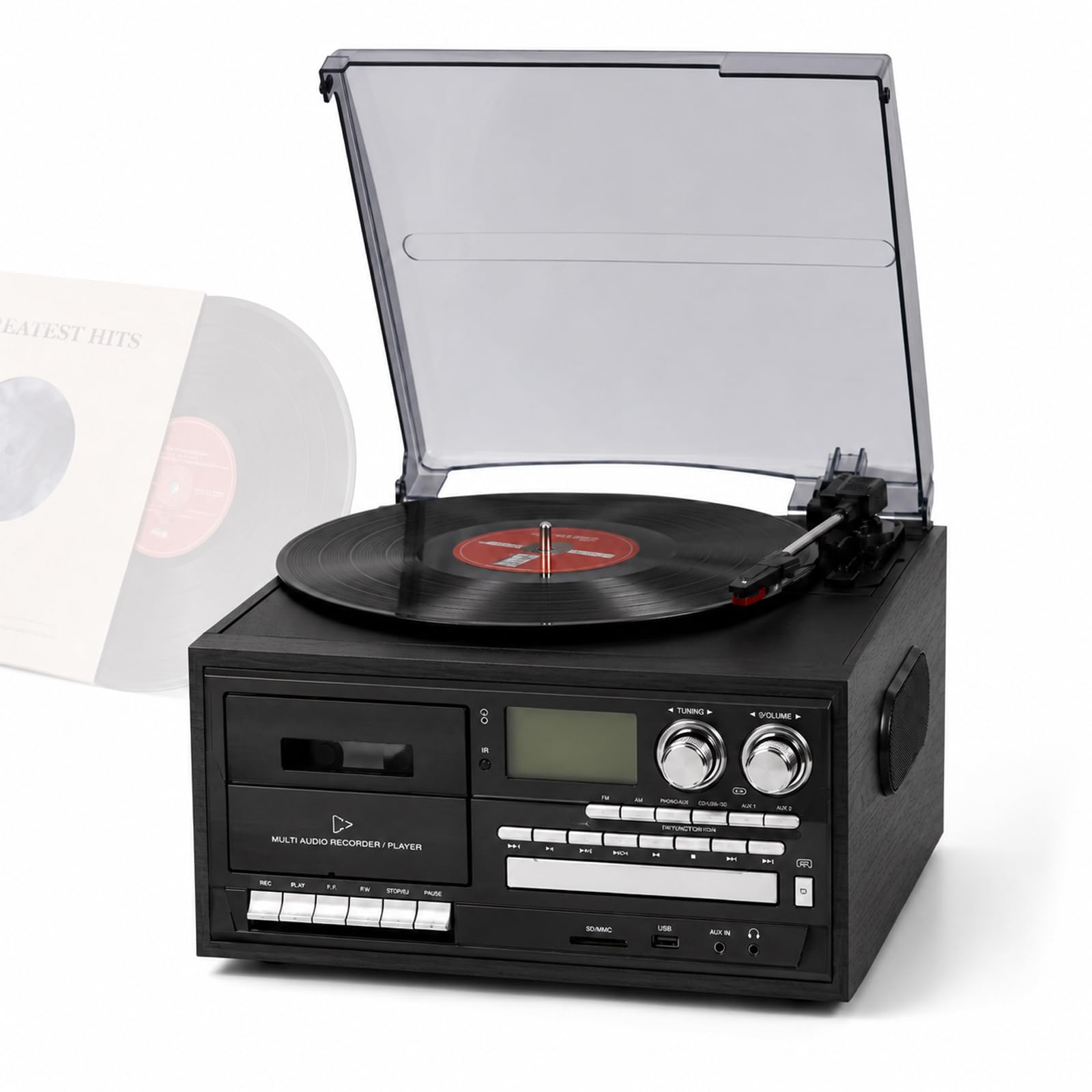 Gramofon z 3 prędkościami, retro gramofon Bluetooth z wbudowanymi głośnikami, odtwarzaczem CD i kasetowym, radio Fm/am, funkcja nagrywania USB/SD, czarny