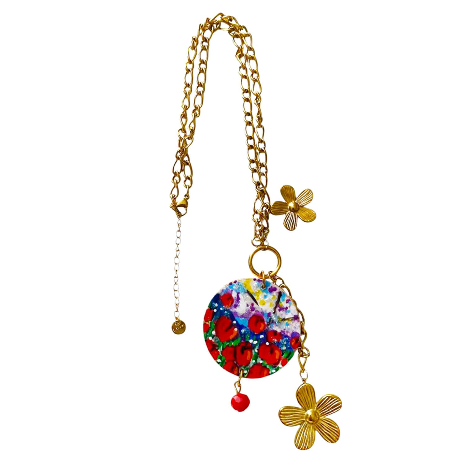 Collar con colgante pintado a mano – Tulipanes rojos – Collar con colgante pintado a mano, medallón de madera pintado a mano, joya elegante en madera totalmente pintada, elaboración artesanal