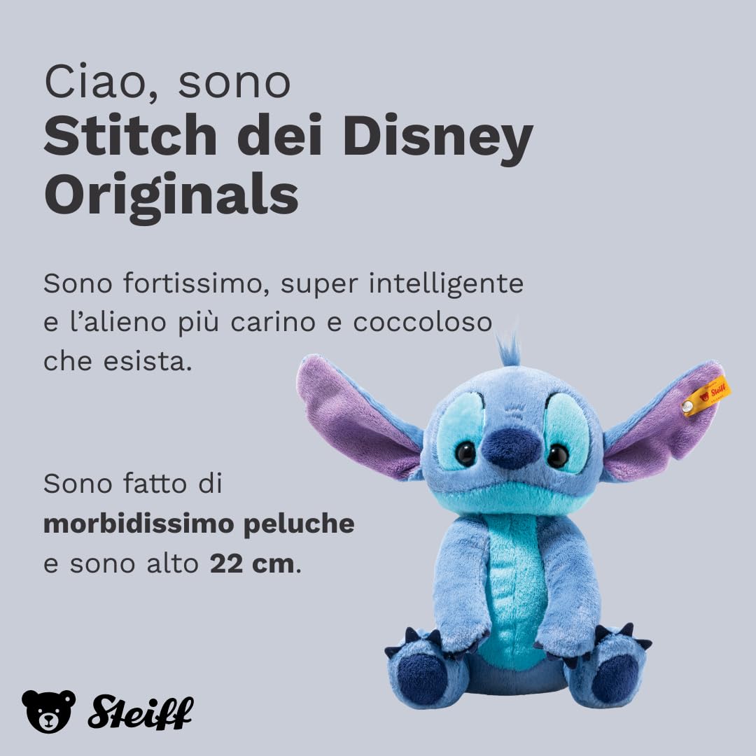 Steiff Peluche Stitch Disney Originals, dolce animale di stoffa con occhi in plastica per bambini e bambine, Friends, pupazzo 22 cm, blu medio, 024696