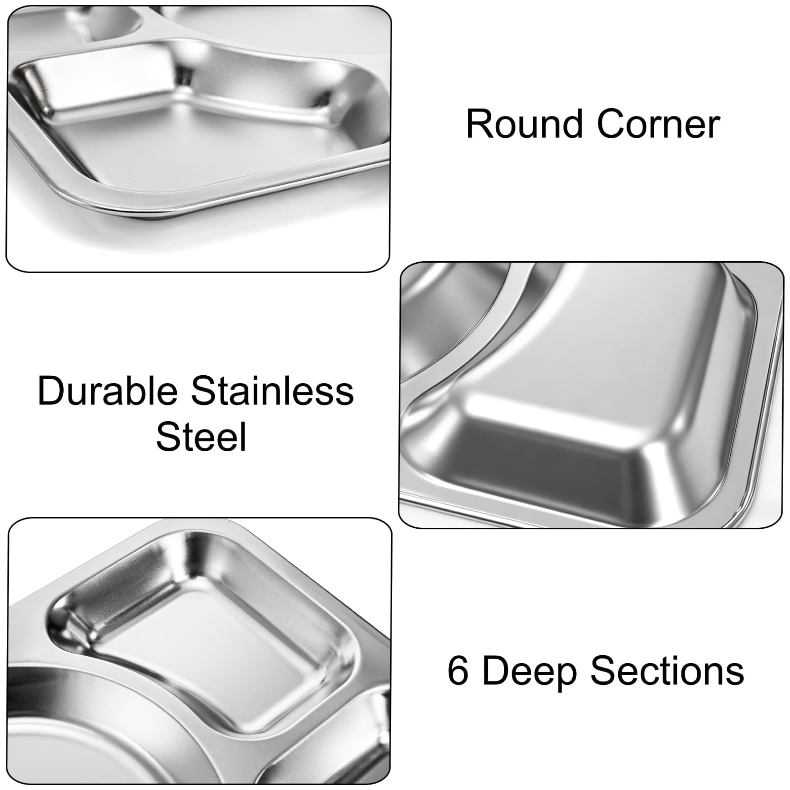 Hacaroa 4 Stück Edelstahl Geteilt Abendessen Teller, 38 x 27 cm Snack Servierplatte mit 6 Fach, Metall Lebensmittel Tabletts für Kinder, Erwachsene, Camping, Diät Portion Control