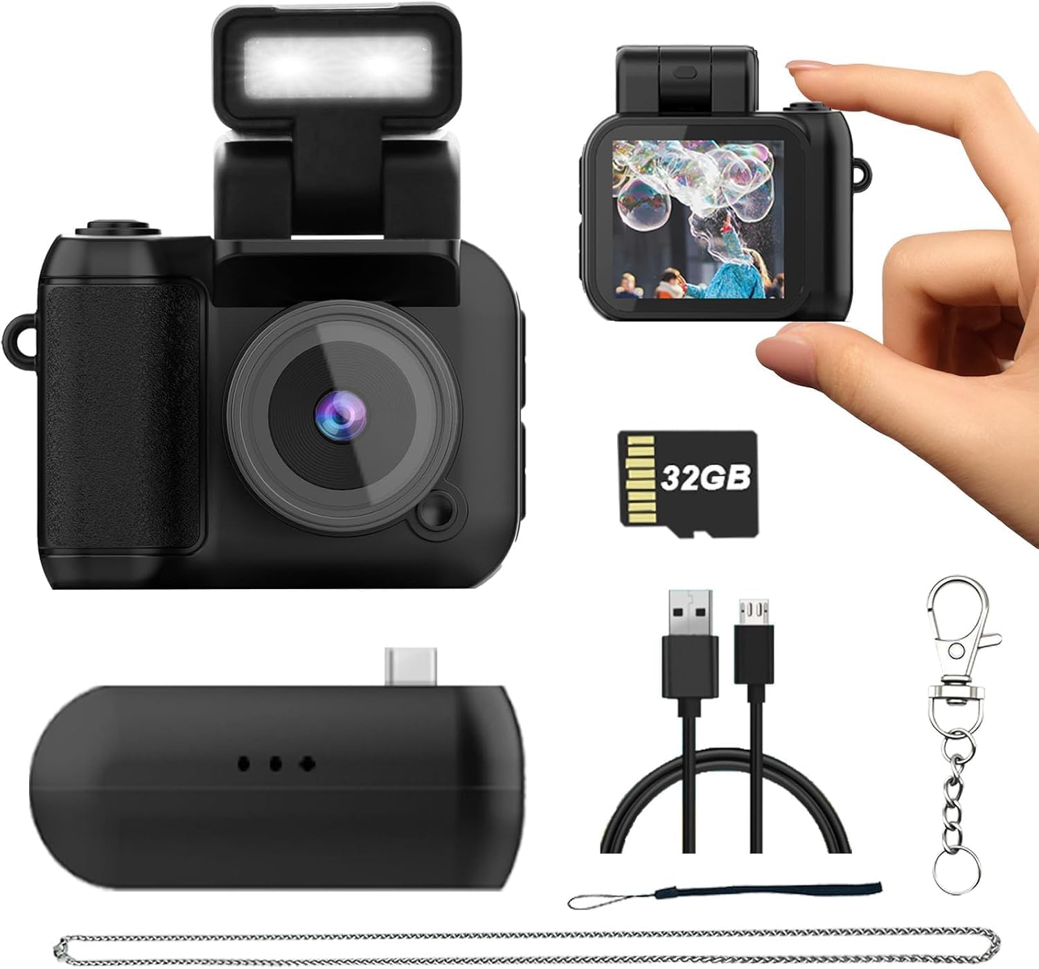 Mini cámara digital con tarjeta de 32 GB, estilo Y2K, FHD 1080P, mini cámara retro con base de carga y diseño de cámaras de llavero. Pantalla LCD de 1.4 pulgadas, cámaras vintage ultracompactas