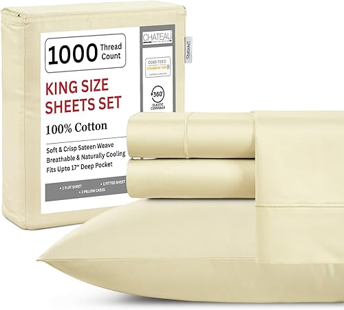 CHATEAU HOME COLLECTION Juego de sábanas 100 % de algodón tamaño King, auténtico juego de sábanas de lujo transpirable de 1000 hilos, tejido de