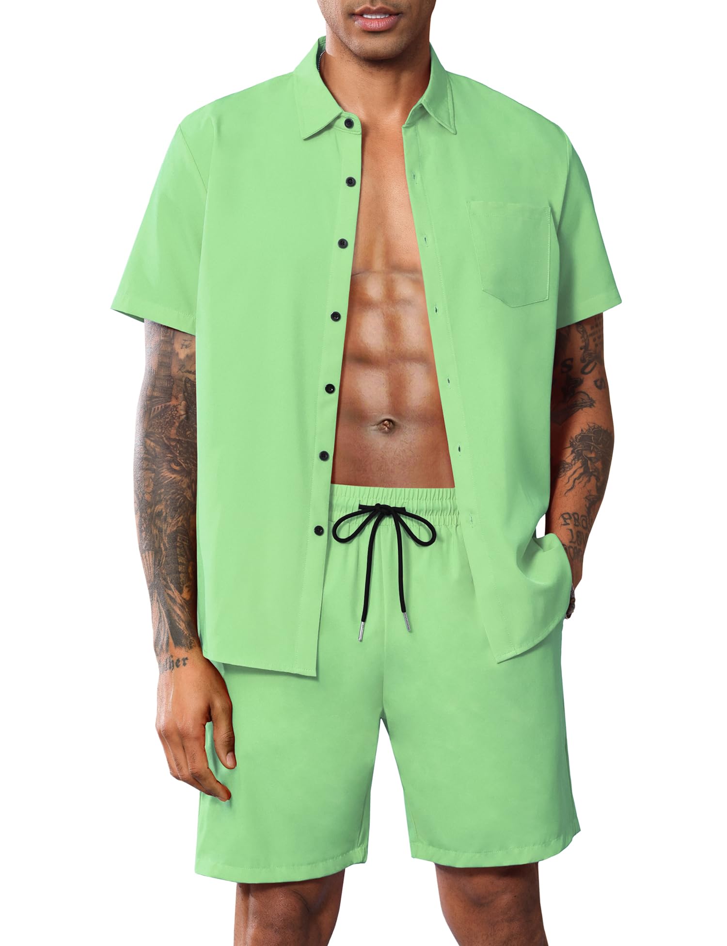 Men Summer Casual Short Sets Solid Short Sleeve Pocket Button Down Shirt Elastic Shorts 2 Piece Outfits Tracksuit