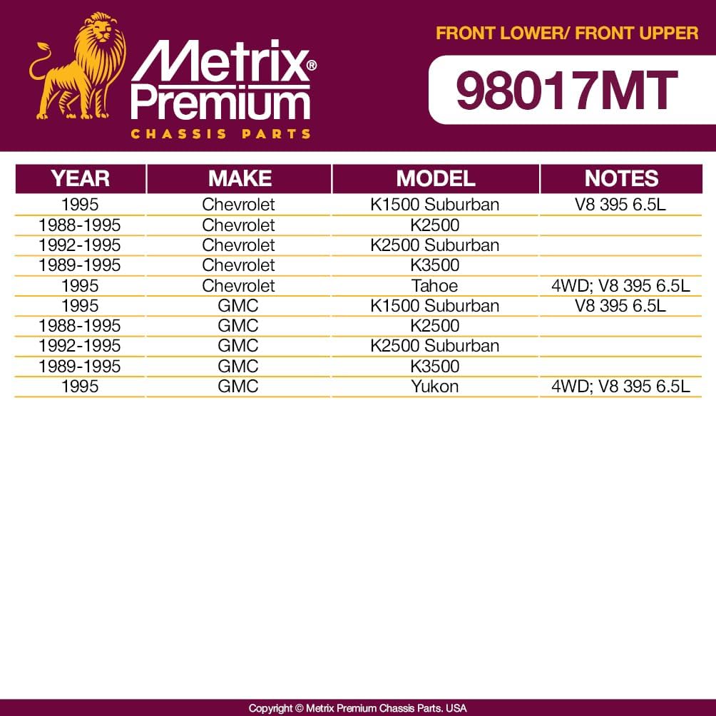 Metrix Premium Chassis Parts - 4 PC Front Upper & Front Lower Ball Joint Kit Fits 88-95 Chevrolet K2500, 92-95 K2500 Suburban, GMC K2500 Suburban, 89-95 K3500, Replacement K6291, K6344, Made in Europe