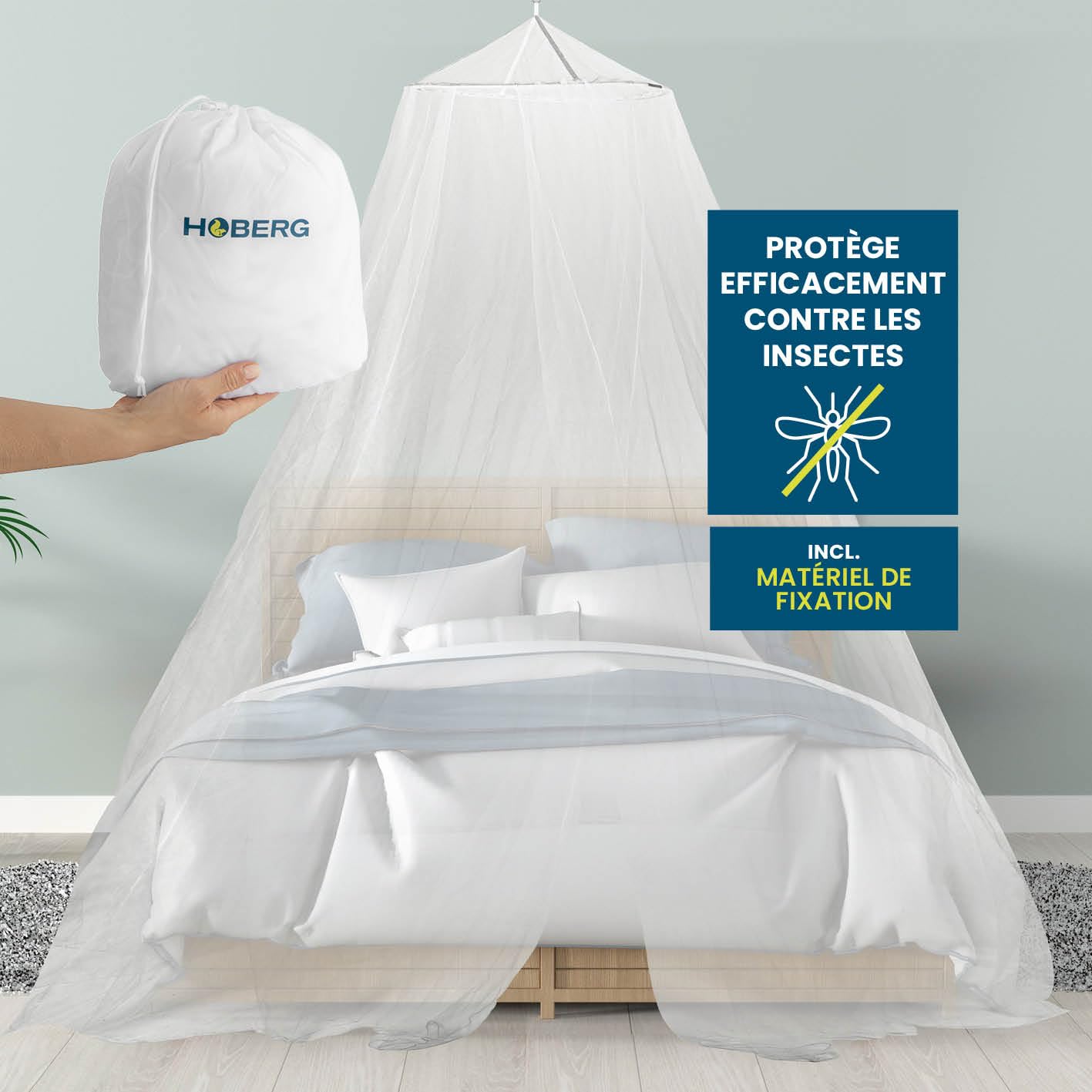 HOBERG Moustiquaire de Voyage | Moustiquaire XXL pour lit bébé, lit Simple et lit Double | Tente moustiquaire d'extérieur 400 Mesh pour Balcon | Auvent Anti-Insectes à Coller ou à Visser - 60 cm Ø