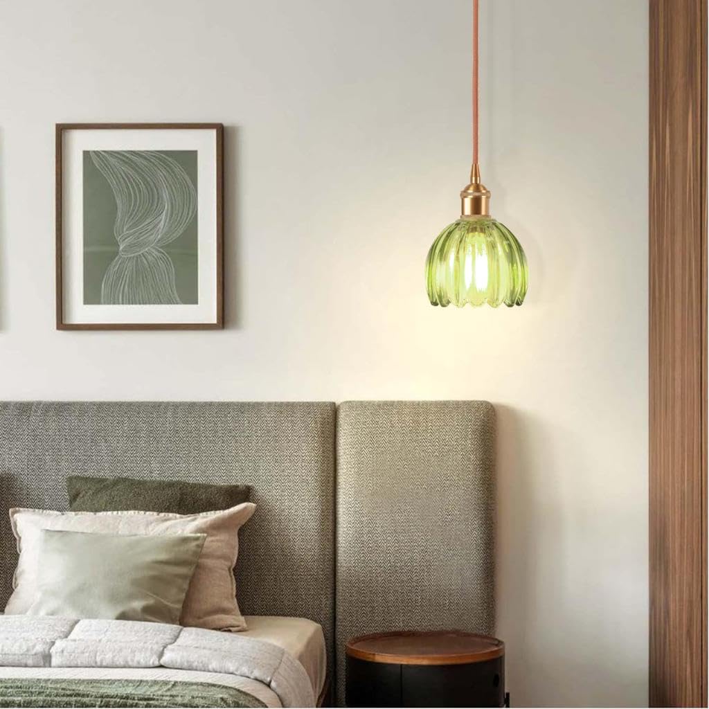 Lot de 2 Suspension en Verre Verte Fleur Vintage Laiton Doré Lustre Salon Moderne Éclairage de Plafond Art Déco Intérieure Suspendues Pour Salle à Manger Chambre Cuisine
