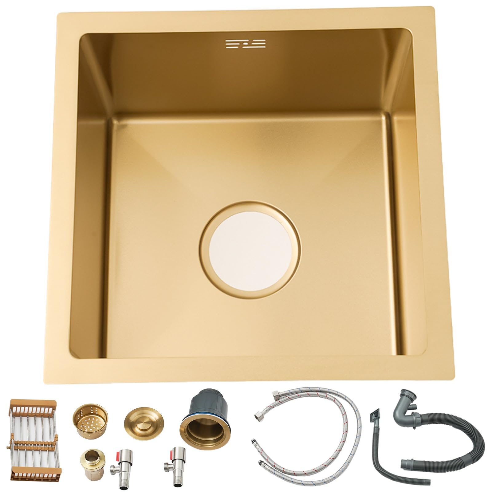 Fregadero de una sola cubeta dorado para furgoneta camper, fregadero pequeño de acero inoxidable con colador y escurridor, cesta extraíble, apto para baño y caravana.(Gold,38x38x21cm)