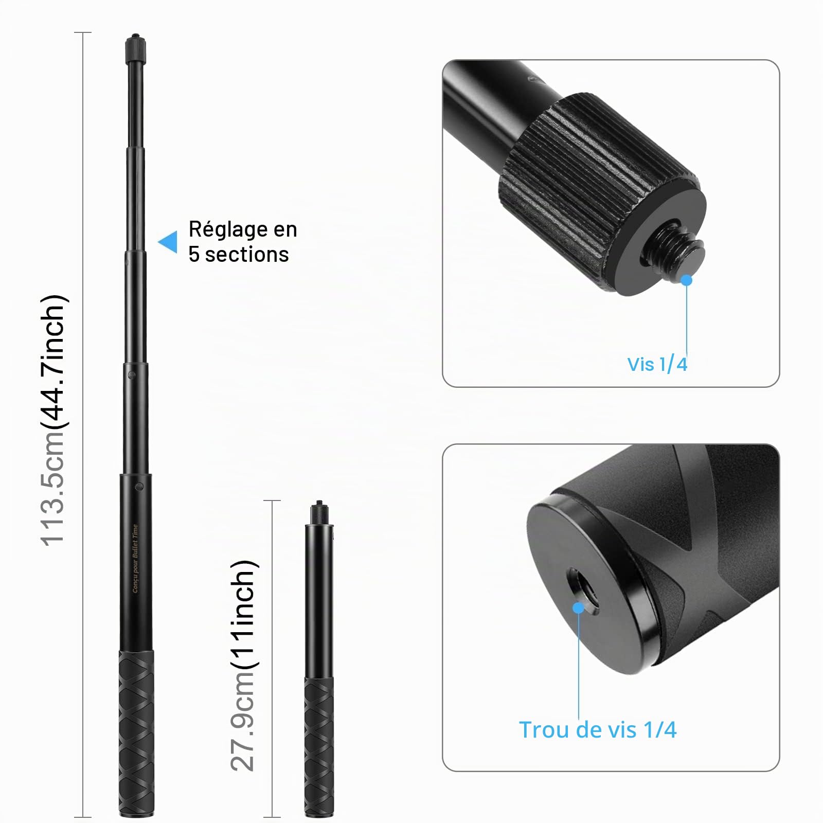 PULUZ Adaptateur de Fix de caméra pour Guidon de Moto Perche à Selfie pour Gopro Heor 13 12 11 10, Max 2, Lit/DJI OSMO 360 Action 6/Insta360 X5 X4 Air Go3 Ace Accessoires pour caméra d'action
