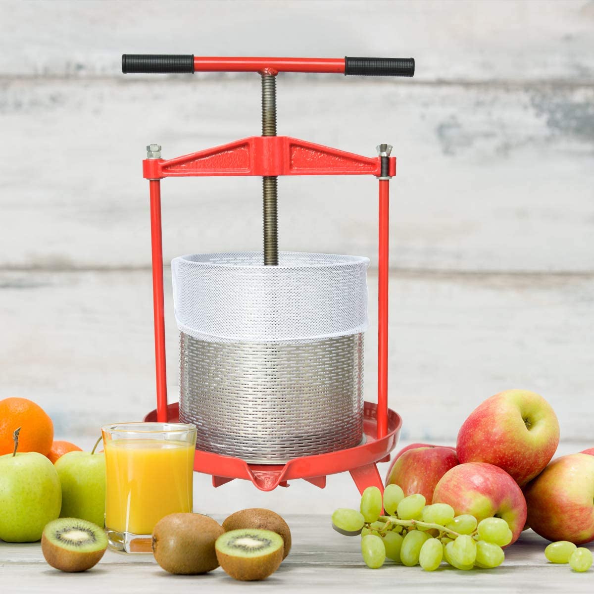 9L Spindel Obstpresse Apfelpresse Fruchtpresse aus Edelstahl mit T-Griff für Selbst Gemachten Natürlichen Saft, Traube, Beere, Apfel, Fruchtpresse Weinpresse