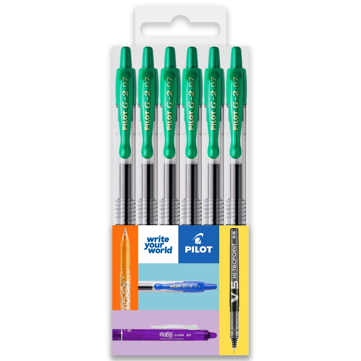 PILOT G-2 Retractable Gel Ink Rollerball Pens - 0.7mm Nib Tip - In Envelope Gift Packaging - Pack Set of 6 - Green Ink