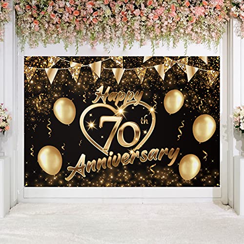 Happy 70th Anniversary Backdrop Banner Decor Black Gold – Glitter Love Heart Happy 70 Years Wedding Anniversary Party Theme Decorations for Women Men Supplies
