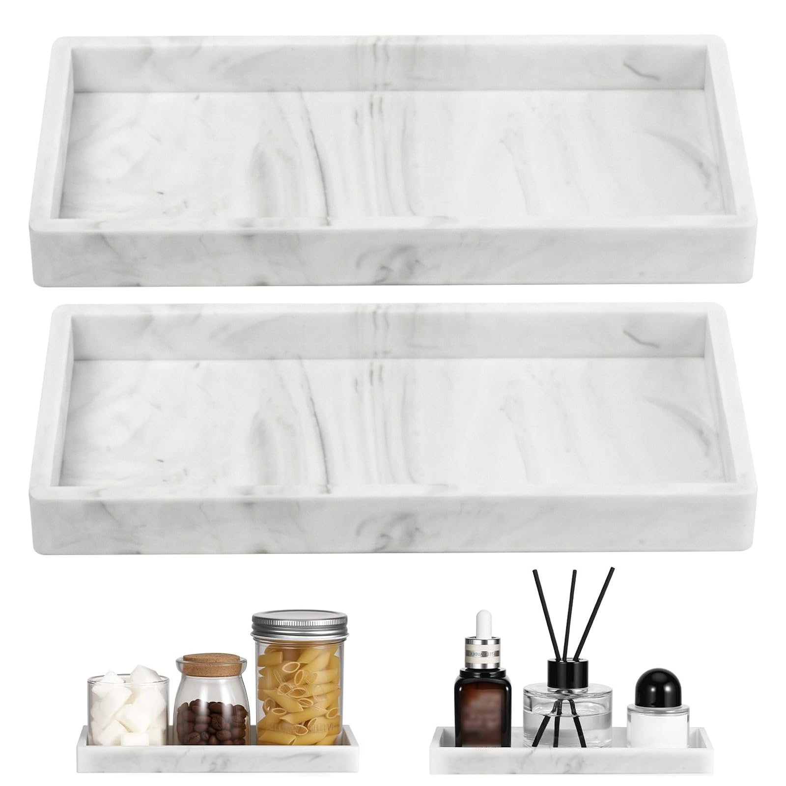2PCS Bathroom Vanity Tray, Marble Pattern Silicone Organiser Tray for Bathroom Counter, Kitchen Sink & Toilet Tank, Rectangular Decorative Dish for Soap Dispenser, Perfume, Candle & Jewelry Storage