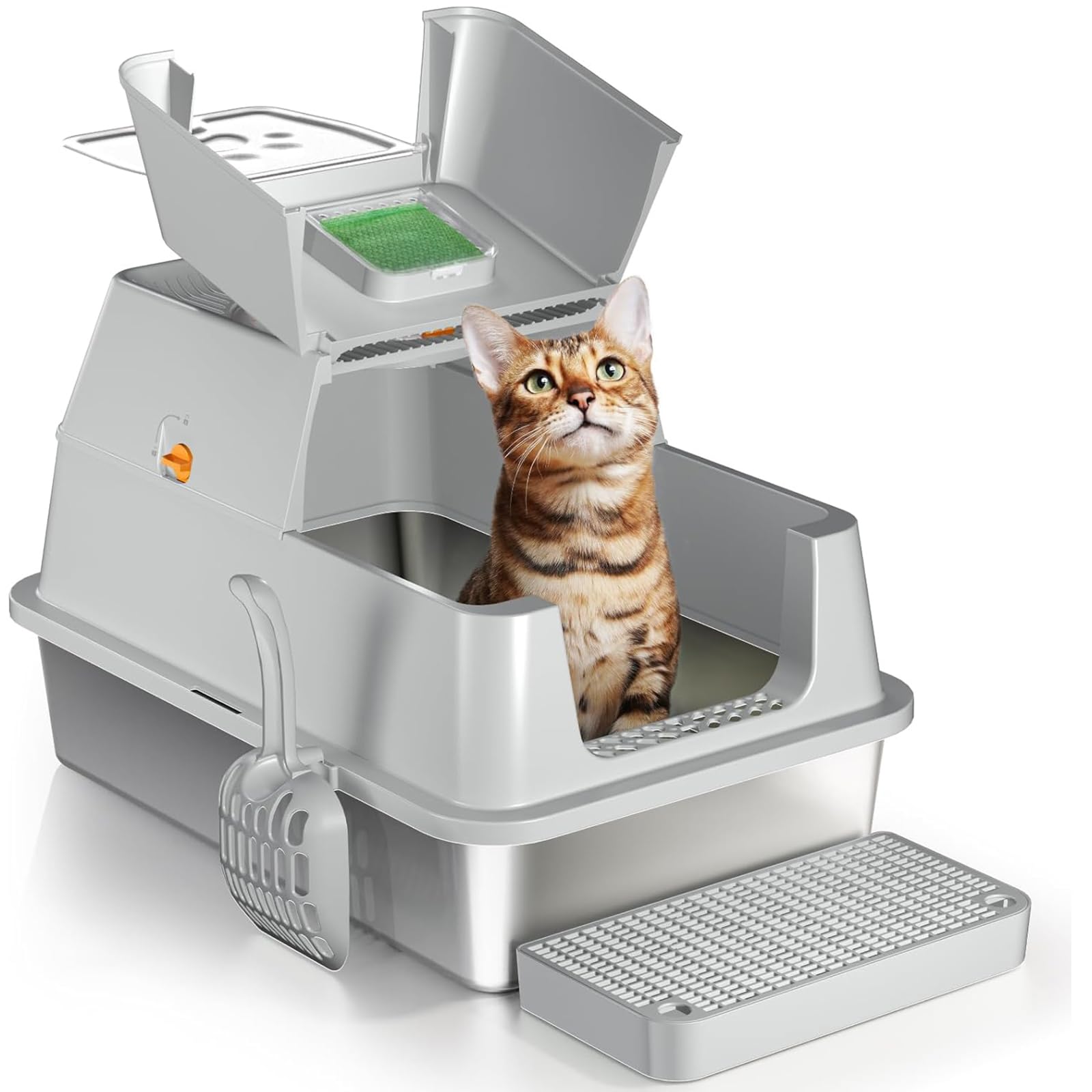 RJIHOEN Arenero para Gato Acero Inoxidable,Caja de Arena para Gatos Grande con Tapa Abatible,60 * 40 * 39cm, con Rejilla y Pala para Arena,para Gato,Perro,Conejo. (Gris Claro)