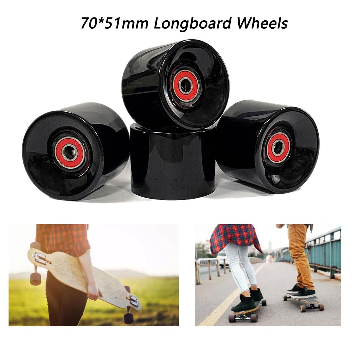 LOOEEL Roues de longboard de 70 mm 80 A avec roulements et entretoises ABEC-9, patins élévateurs de skateboard, boulons de vis pour votre longboard skateboard, noir