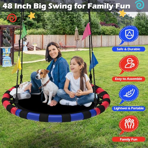 Image of HeyZoo Saucer Swing, 48 Inch Larger Swing Sets for Backyard and Outdoor Playground, 900lbs Weight Capacity, with 360 Degree Swivel, Gifts for Kids and Family, Blue and Red