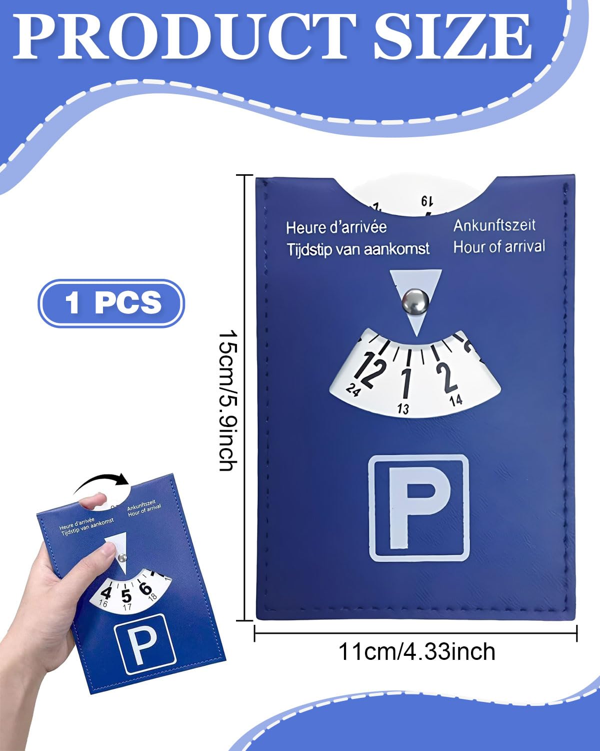 GRETY Disco Horario de Lujo Grande para Estacionamiento, Modelo Europeo Multilingüe, en Cuero Sintético Suave al Tacto, 10x13cm, para Coche, Moto, Azul