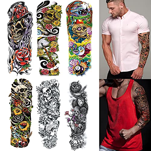 SHENGHUO Halloween Sleeve Temporary Tattoos 6-Sheet, Death Skull Tatoos Black Body Tattoo Stickers for Adults, Men, Women, Girls, Kids, Halloween Parties Makeup