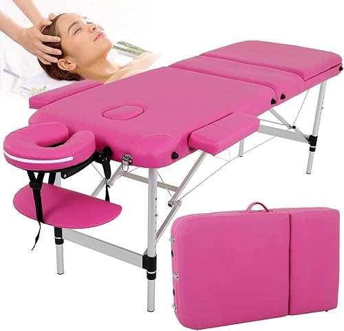Dkeli Mesa de masaje, mesa de pestañas rosas, cama de spa, portátil, plegable, de 73 pulgadas de altura, ajustable, cama de salón de 3 pliegues con