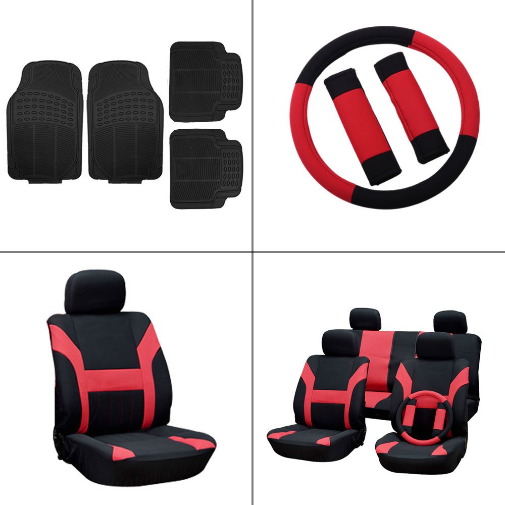 SCITOO 15-PCS Red/Black Car Seat Cover W/Belt Pads/Steering Wheel Cover Front Rear Black Car Floor Mats for Most Cars
