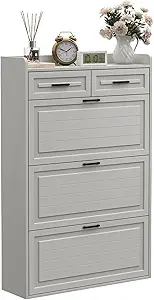 CuisinSmart Shoe Cabinet with 3 Flip Drawers and 2 Storage Drawers, Easy to Store 18-24 Pairs of Shoes, Adjustable & Removable Panel, Shoe Storage Cabinet for Entryway, Hallway, White