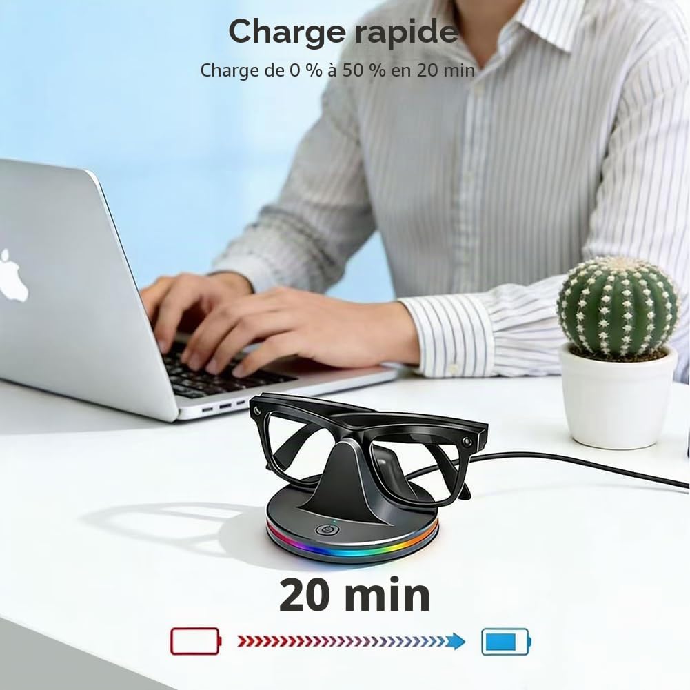 Support de Charge & Câble Compatible avec Les Lunettes Meta Ray-Ban, Portable pour Wayfarer Compatible avec Les modèles Wayfarer Skyler avec indicateur LED et câble de Charge USB-C (Nero-RGB)