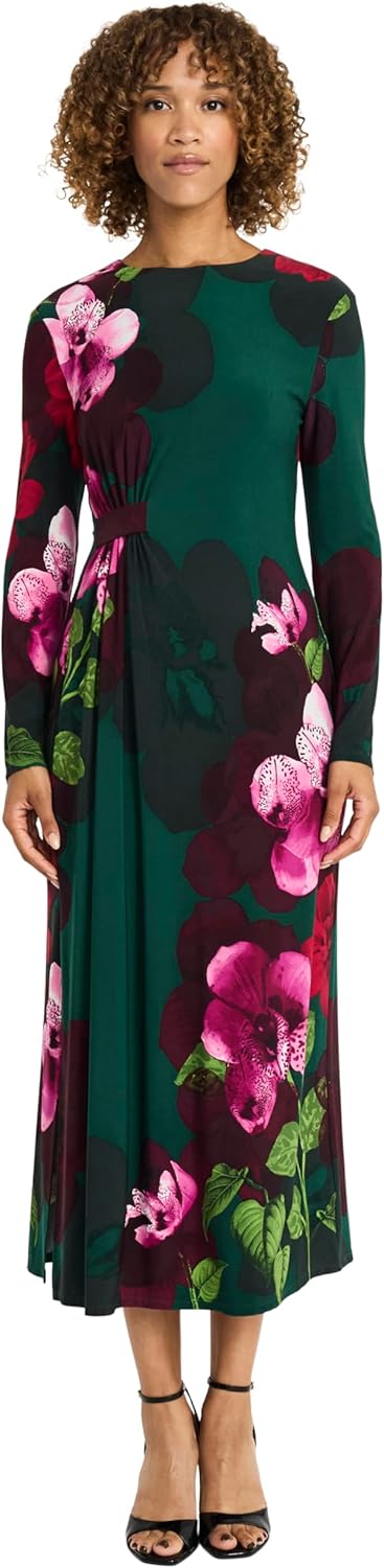 Maggy London Womens Elegant Floral Midi Bodycon Dress - Long Sleeve Cinched Waist - Wedding Guest Cocktail Garden Dress