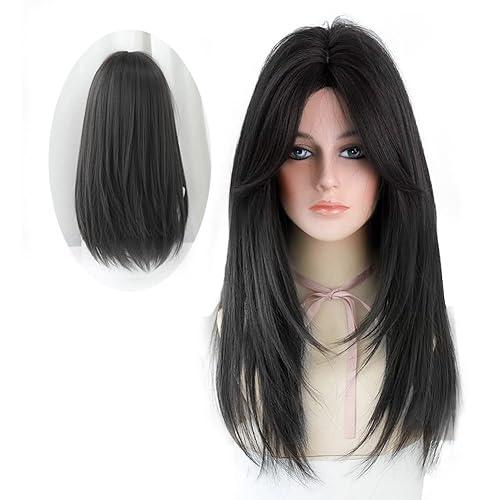 Miniatura 7 de HUAISU Peluca larga negra con flequillo, peluca de cabello natural para mujer, peluca de cosplay (negro, 25 pulgadas)
