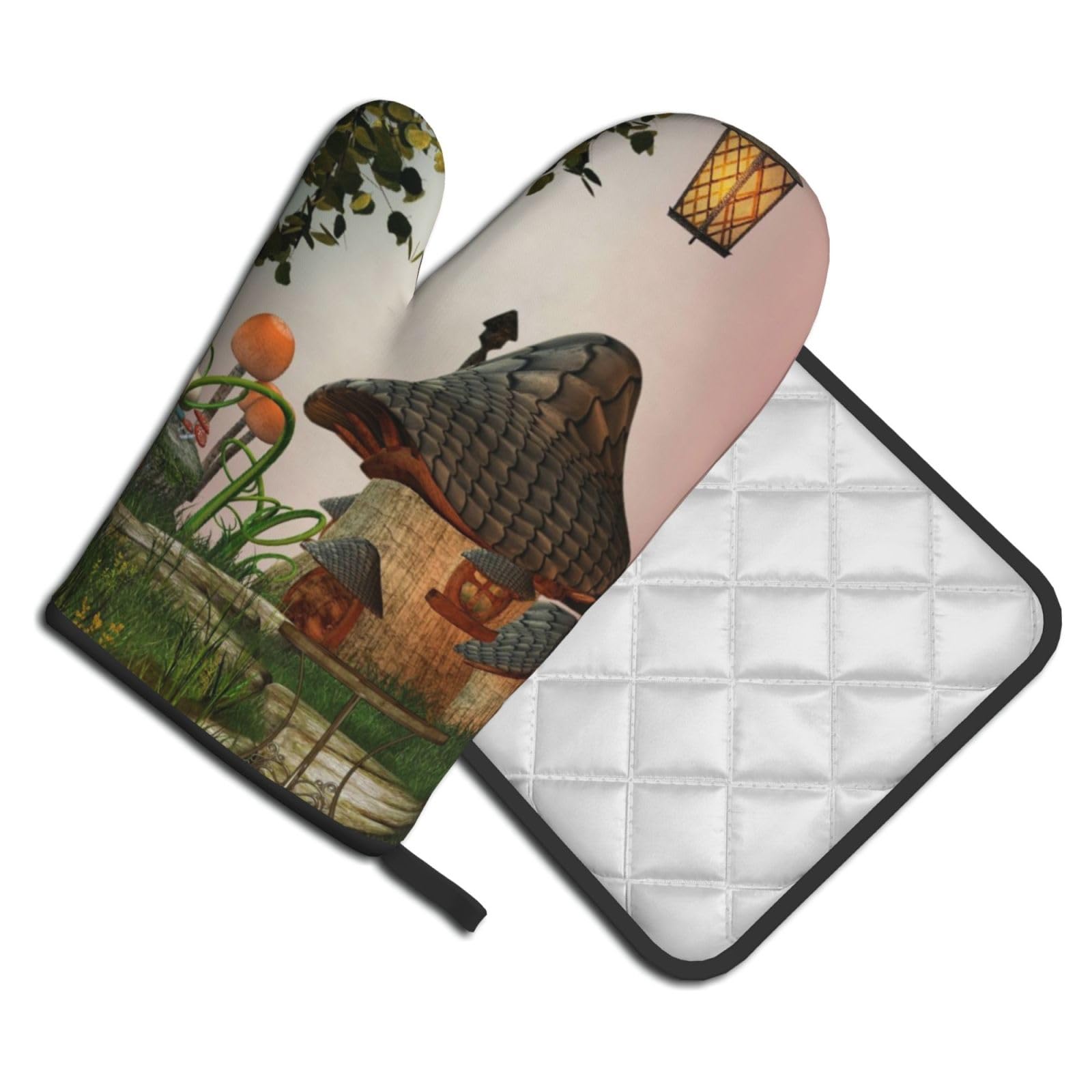 Oven Mitts and Pot Holders Set of 2 Pcs, Mushroom Garden Printed Heat Resistant Kitchen Gloves Potholders for Cooking Baking Grilling
