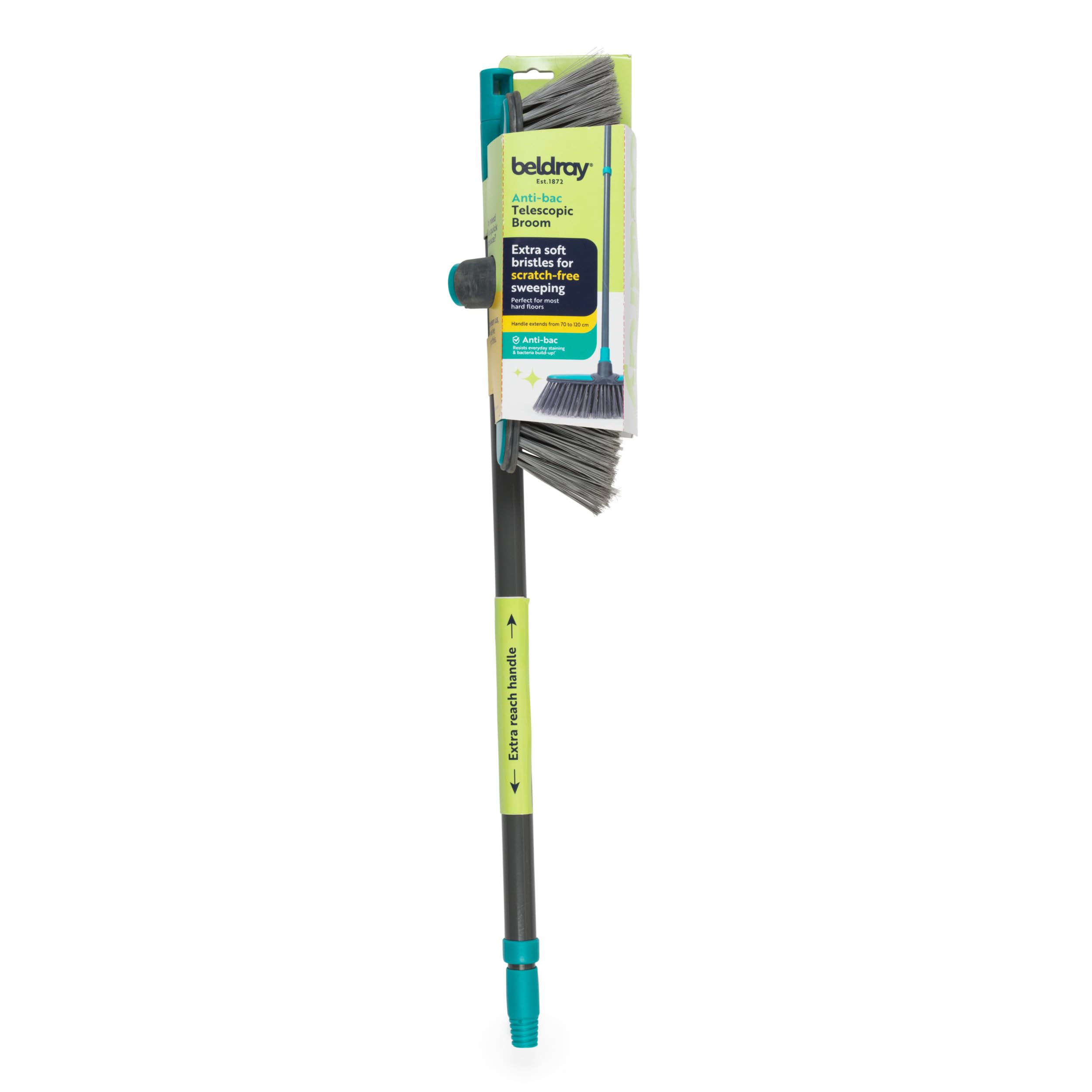 Beldray LA071199UFFEU7 Escoba Antibac Extensible - Cepillo de Barrido con cerdas Suaves antiarañazos, Mango telescópico de 1,2 m, tratado con protección antibacteriana, Apto para la mayoría de Suelos