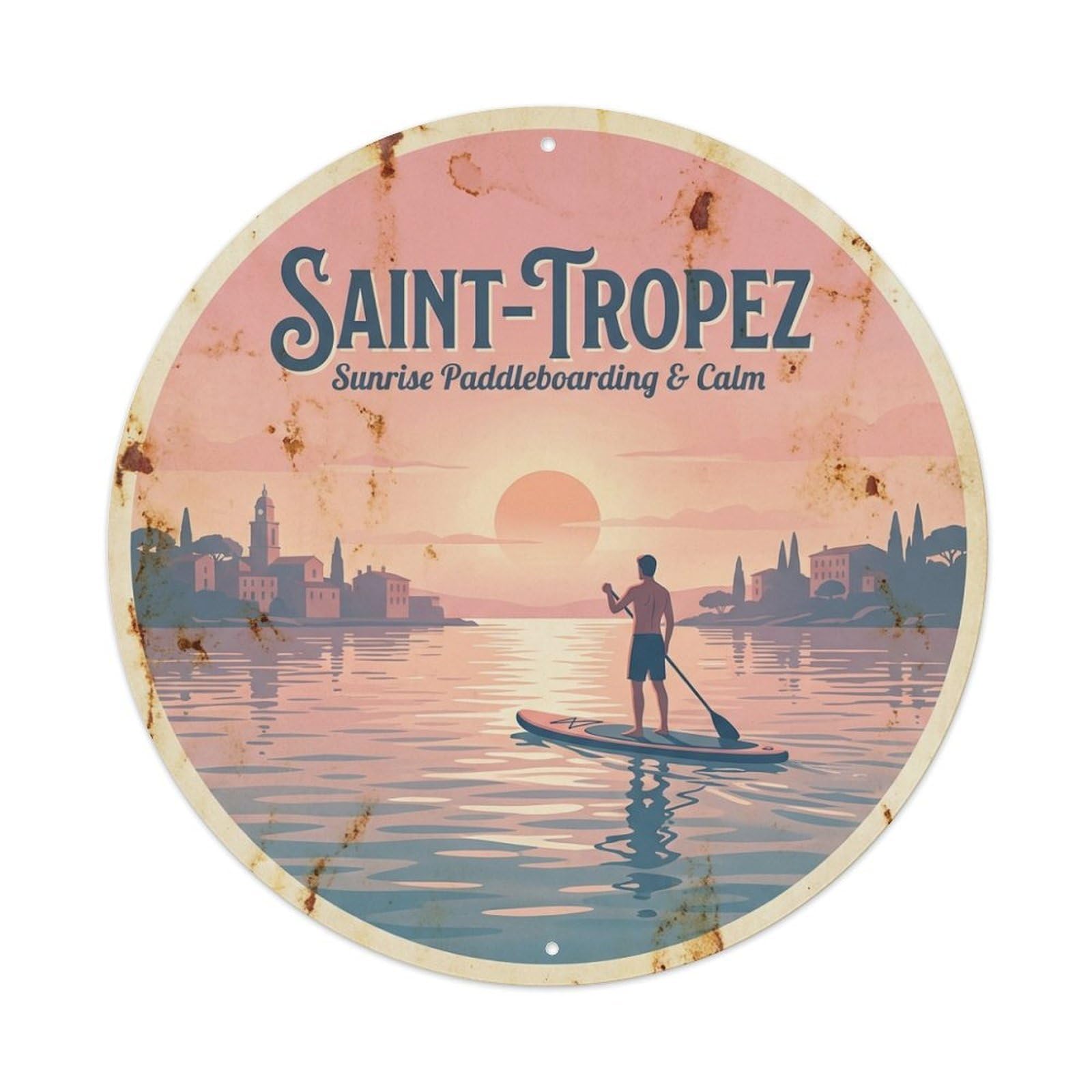 Sunrise Paddleboarding Calm Saint Tropez France Travel Metal Tin Sign