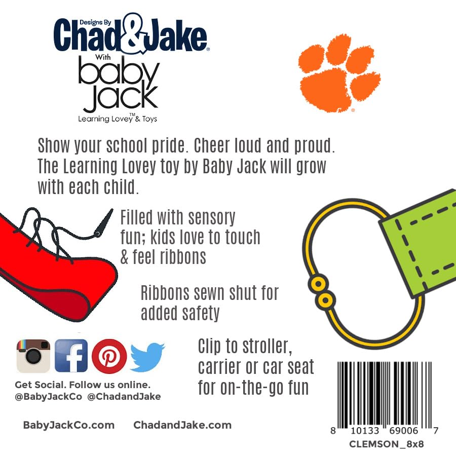 Image of The Learning Lovey Clemson University Baby Tag Toy - College Baby Sensory Crinkle Toys - Soft & Safe - Ideal Baby Stroller Toy - BPA Free w /Stroller Clip (8 inch x 8 inch Tag Toy)