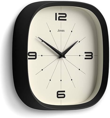 Miniatura 2 de JONES CLOCKS Pulsar - Reloj de pared  Reloj cuadrado redondo retro  10 pulgadas  Negro  Aspecto de diseñador genial para cocina, sala de estar u