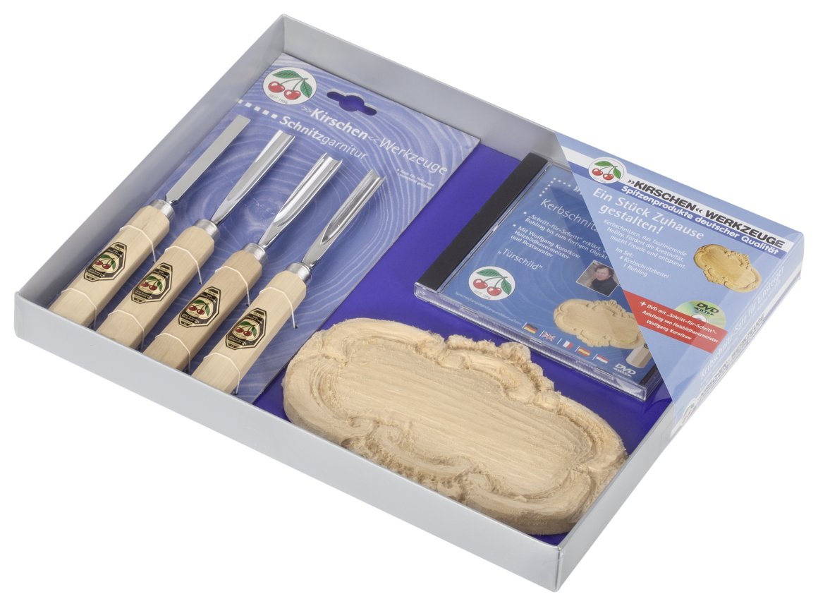 Kirschen 3435000 "Door Plate" Carving Tool Set with DVD, Beige/Silver, 6-Piece