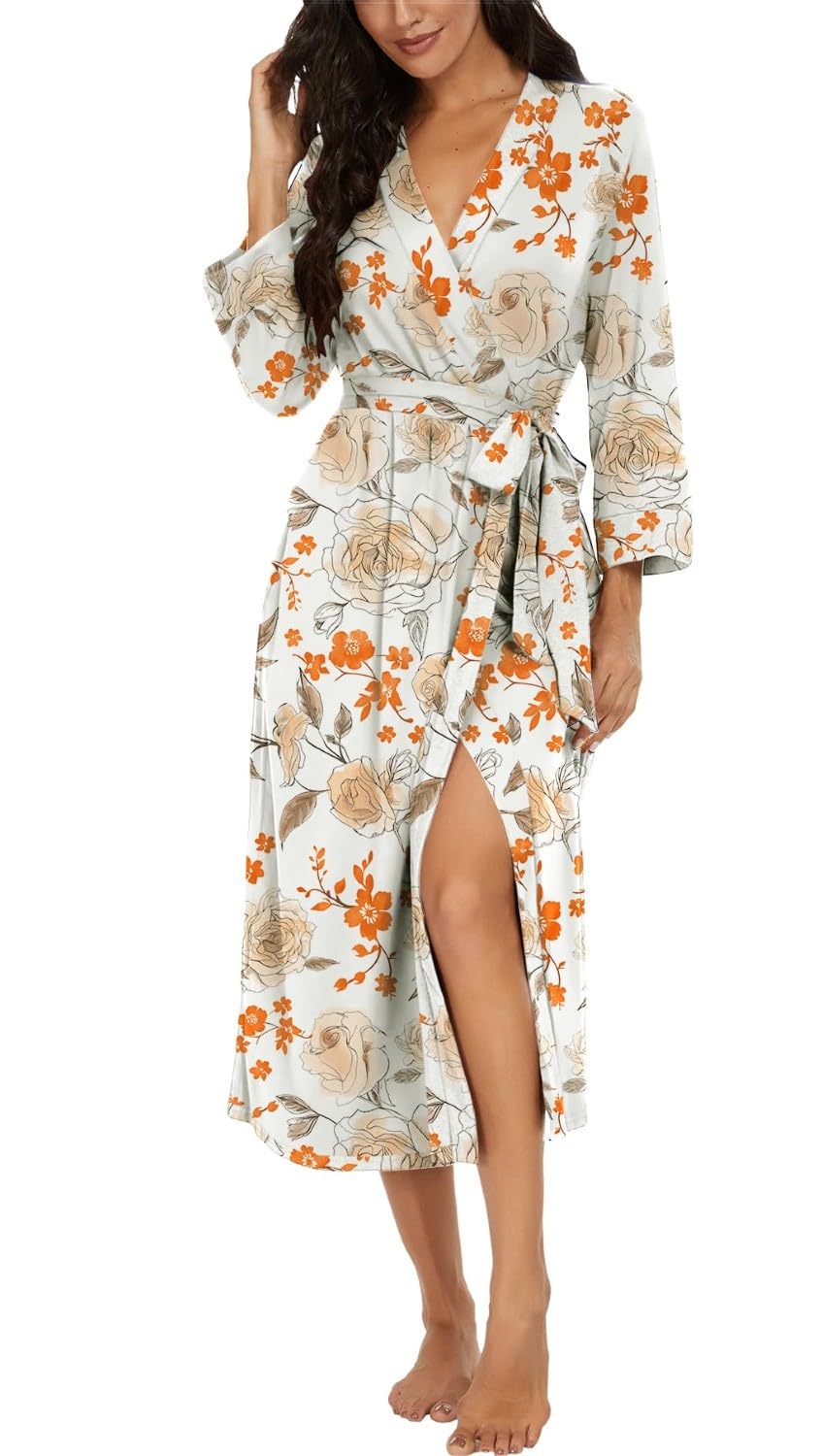 PrinStory Women Long/Short Bathrobe Knit Kimono Robes Soft Womens Dressing Gowns Casual Ladies Loungewear — view 35
