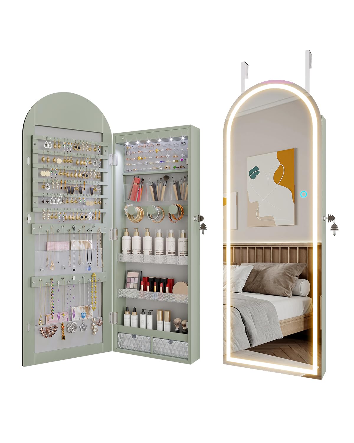 LVSOMT Arched Lighted Mirror Jewelry Cabinet