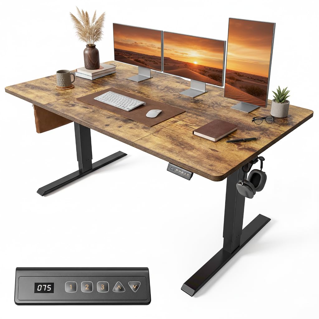 FEZIBO Electric Standing Desk 160 x 80 cm, Height Adjustable Sit Stand Desk with 3 Memory Presets, Home Office Computer Desk, Black Frame with Vintage Brown Top