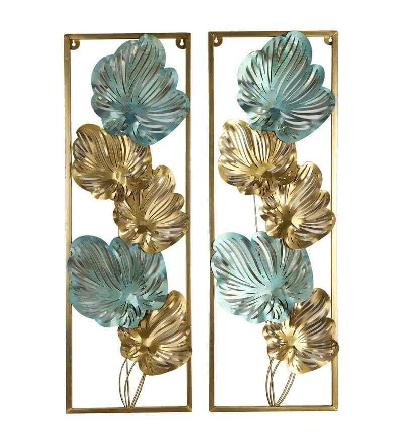 Image of SHREE 'O' GREEN TECH Metal Multicolor Big Leaves Metal Wall Art Room Decor Aesthetic, Set of 3 Golden Frame Wall Sculptures, Wall Decor for Living Room, Bathroom Bedroom or Kitchen Decor