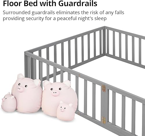 Miniatura 5 de i-POOK Cama de suelo tamaño Queen para niños marco de cama Montessori de madera resistente con valla y puerta cama Montessori para niñas y niños